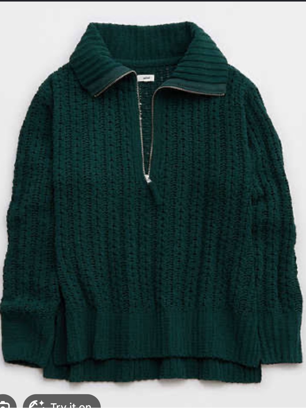 aerie chunky oversized ssmall Cable Knit quarter zip Sweater forest deep Green